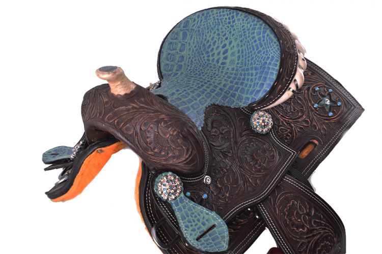 10" Double T Pony saddle set with turquoise alligator seat #2